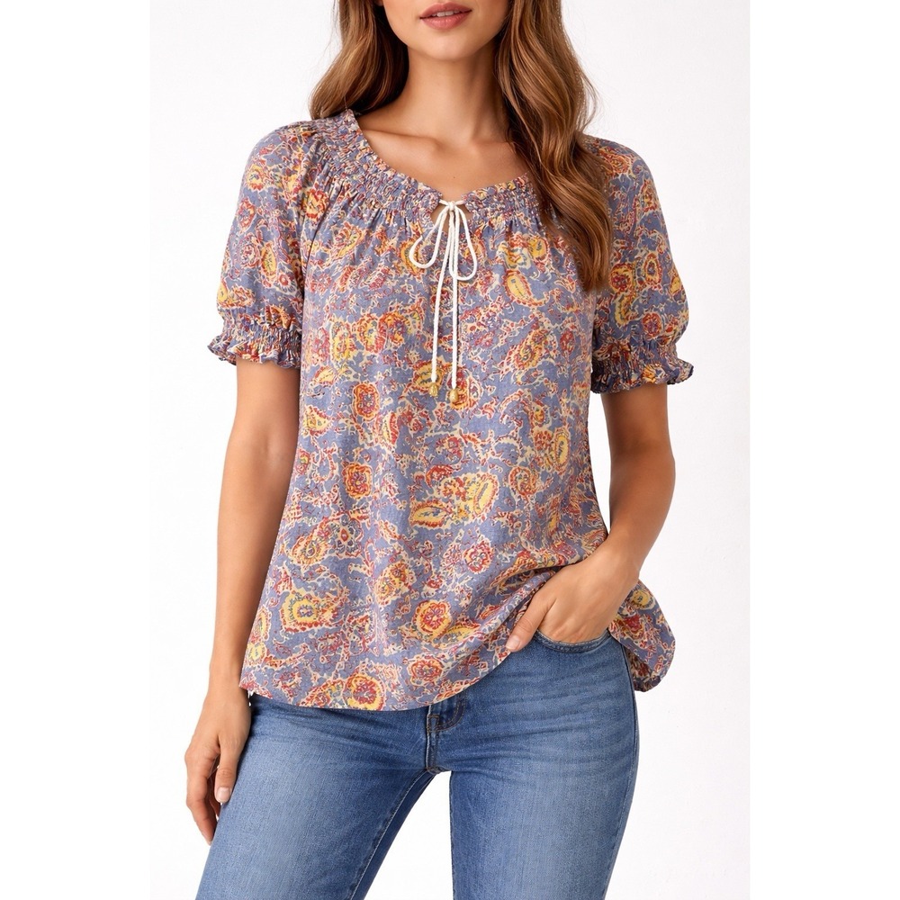 LRL Lauren Jeans Co Ralph Lauren Women's Size Large Tie Smock Detail Paisley Top